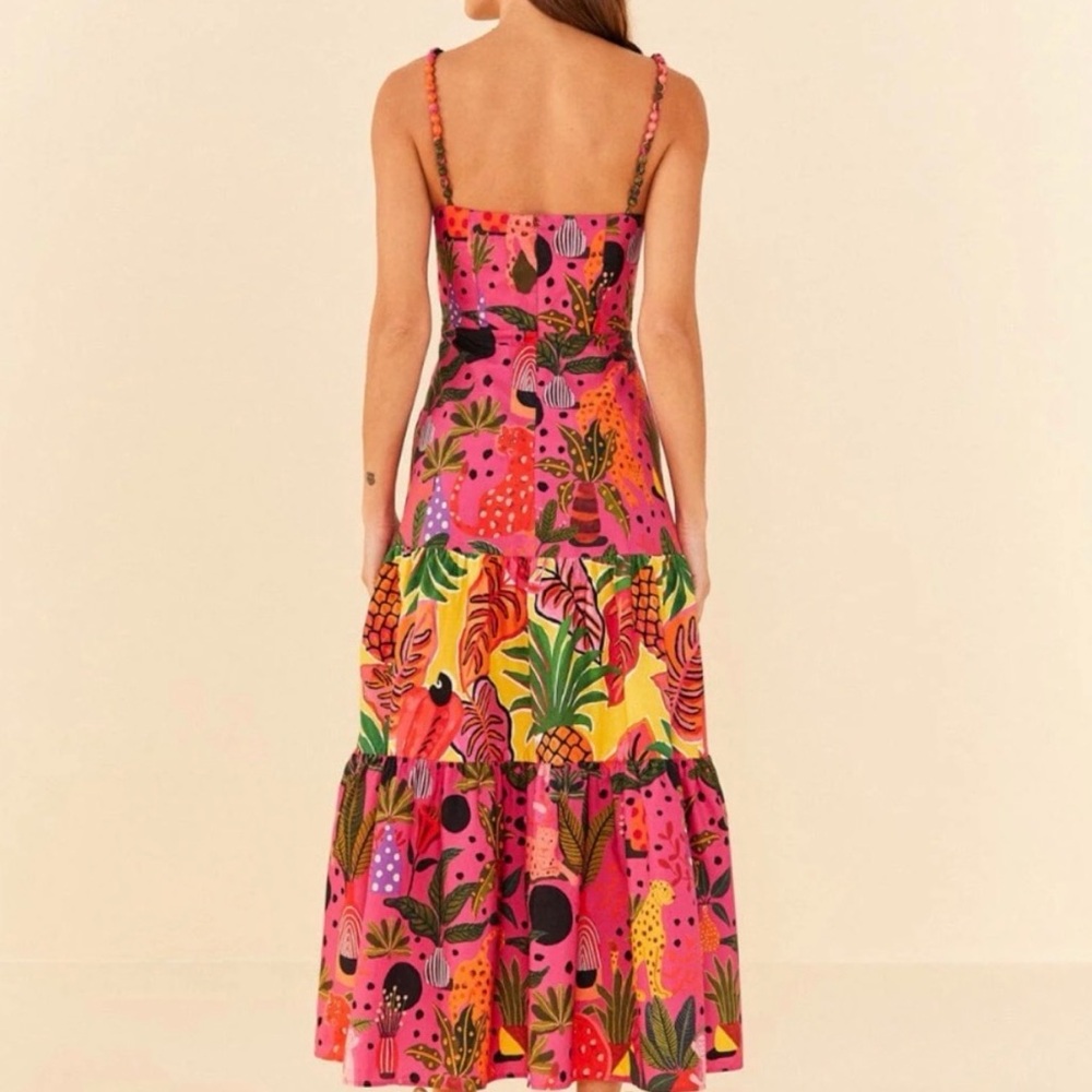 Farm Rio Tropical Print Maxi Dress, Bead Straps, Ruffle Hem, Size S - Picture 2 of 6
